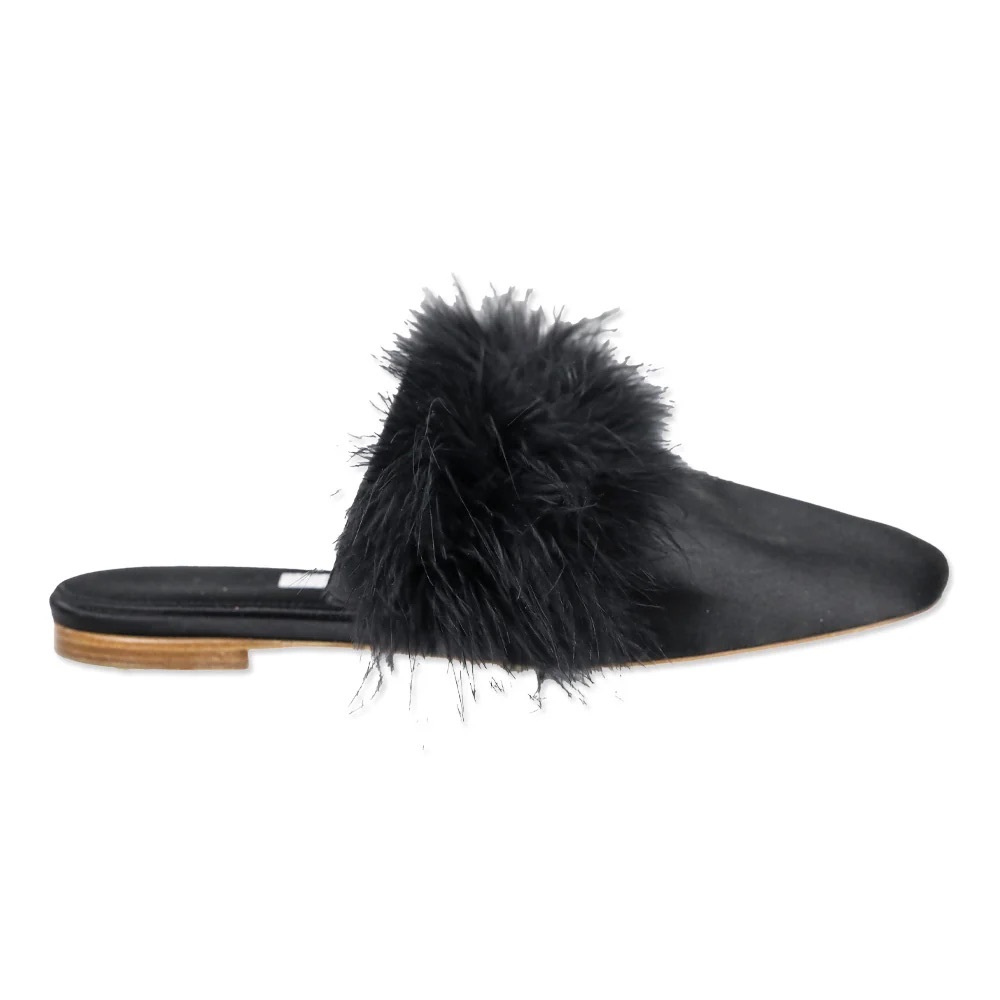 Sleeper Black Satin Mules with Feather Trim